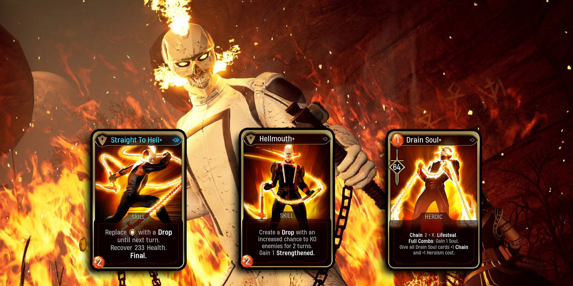 Marvel Midnight Suns - Ghost Rider's Best Card Upgrades Over Image Of Ghost Rider Standing In Fire In-Game