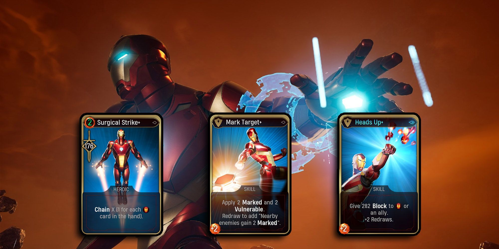 Marvel Midnight Suns - Iron Man's Best Card Upgrades Over Image Of Iron Man Charging Repulsor