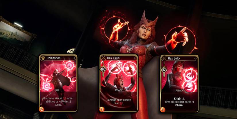 Marvel Midnight Suns - Scarlet Witch's Best Card Upgrades Over Image Of Her In-Game