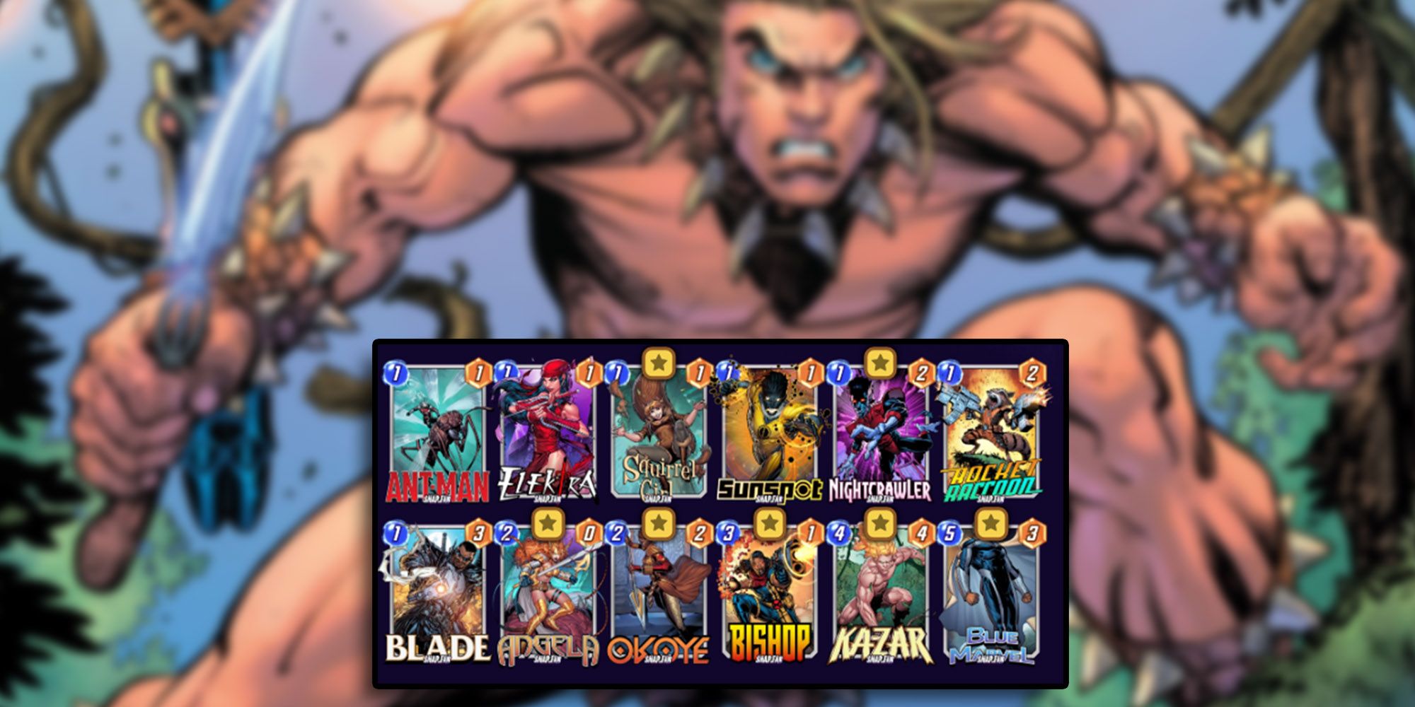 Marvel Snap - All Cards In Kazar Deck With Image Of Kazar In Background