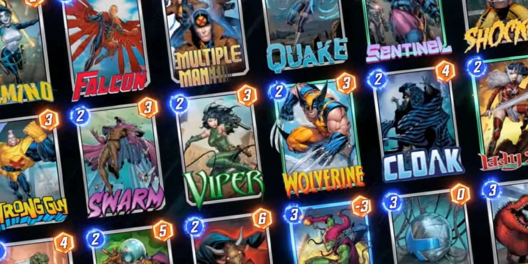 A selection of famous Marvel character cards from the Marvel Snap game