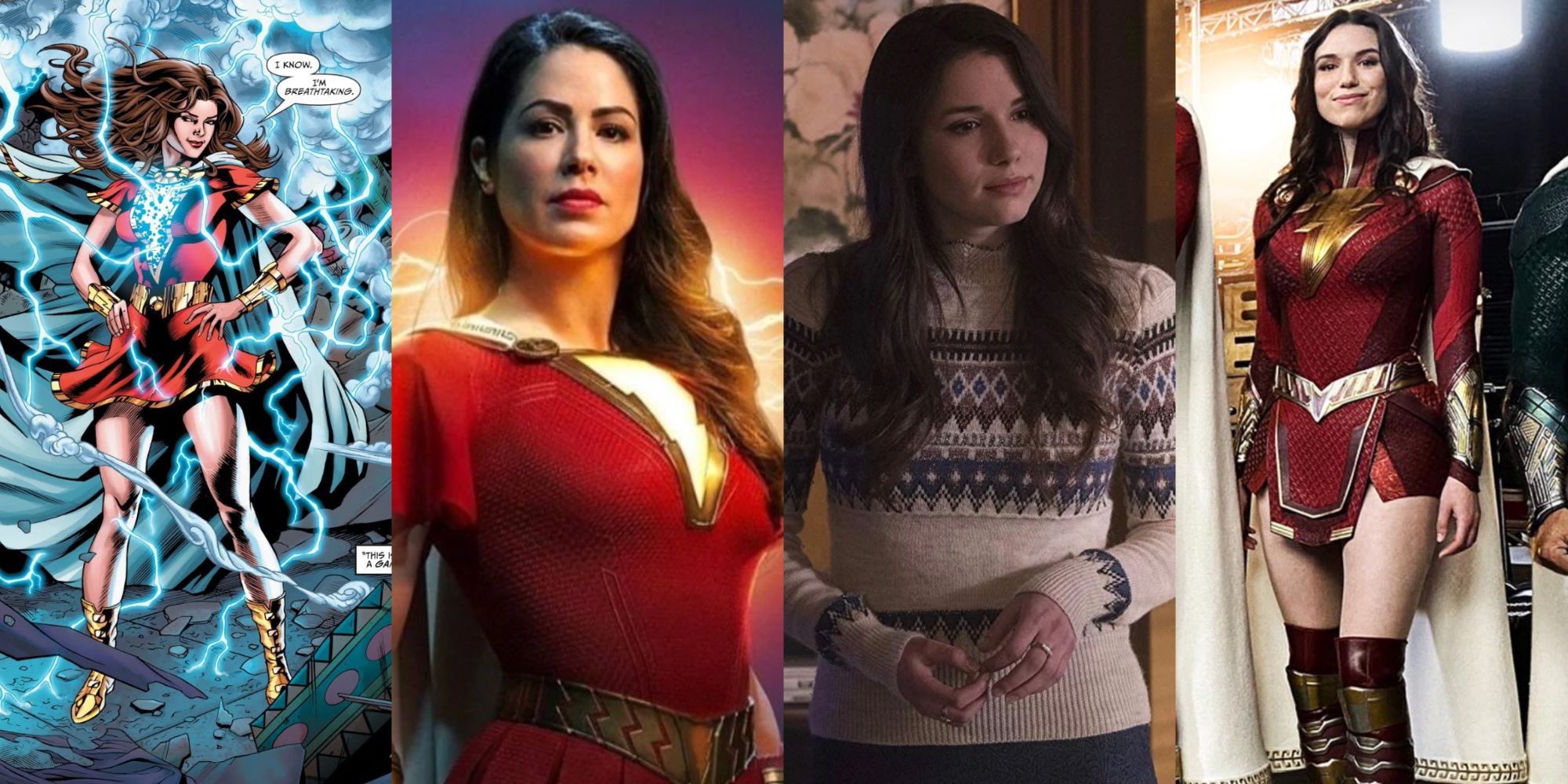 A split image features Mary as Lady Shazam in DC Comics, Michelle Borth as Mary in live action, and Grace Fulton as Mary and superhero Mary in live action