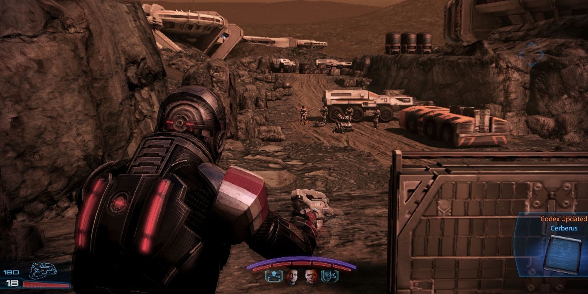 View behind Commander Shepard aiming gun on Mars 