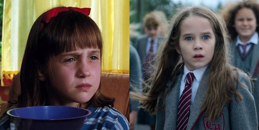 Matilda using her powers in the 1996 movie and Matilda in the new musical adaptation