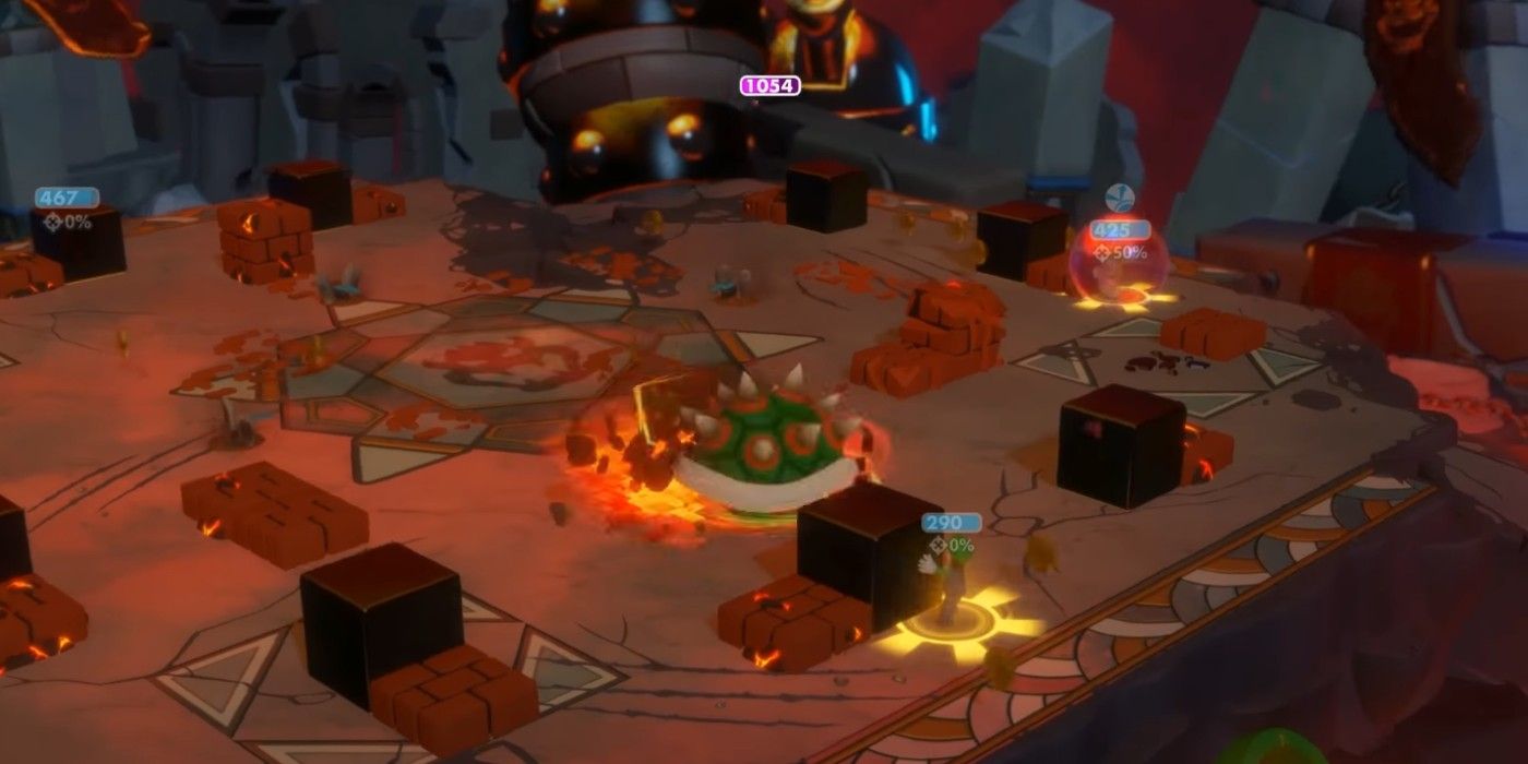 MegaDragonBowser Battle Phase 3 Bowser spinning shell towards metal block and Luigi