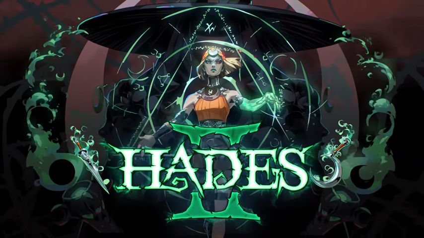 Melinoe encircled in magic symbols, with a masculine silhouette looming behind her. In bold font is the title "Hades II."