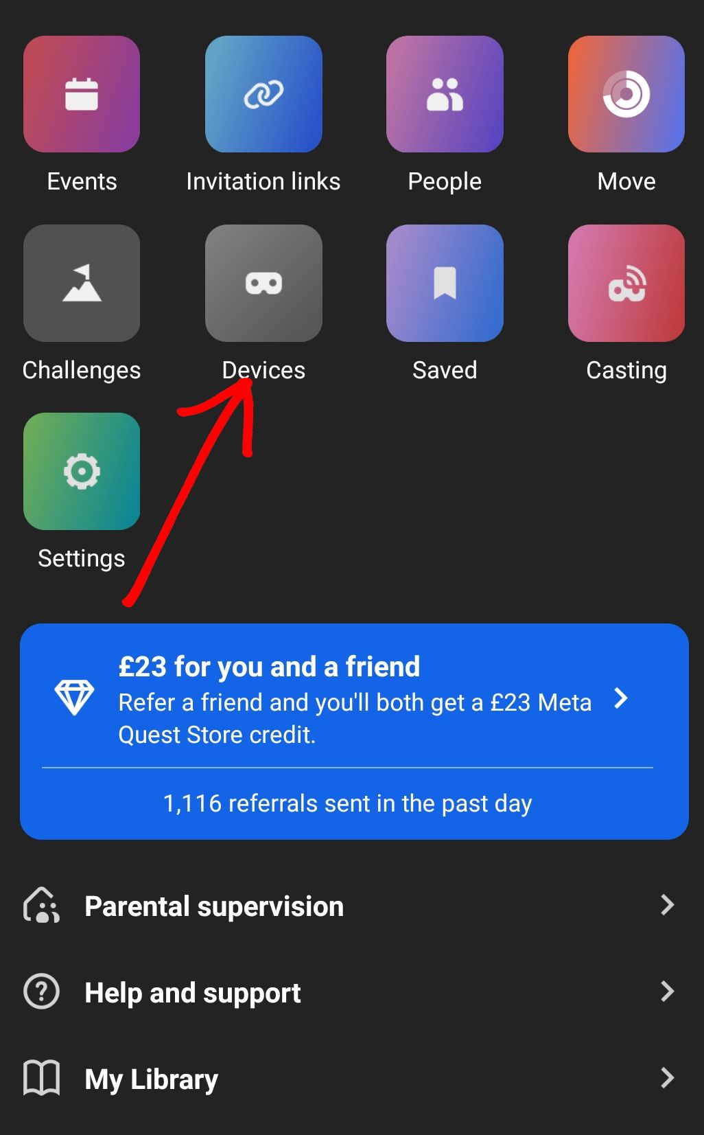 Meta Quest app - select Devices