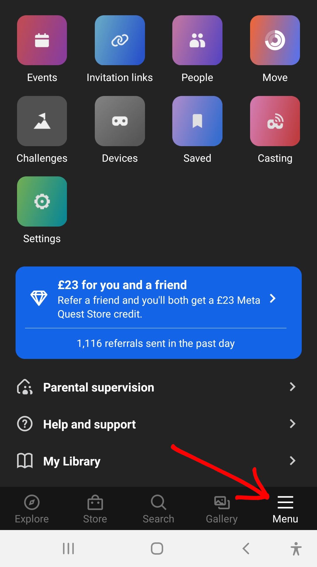 Meta Quest app - select Menu