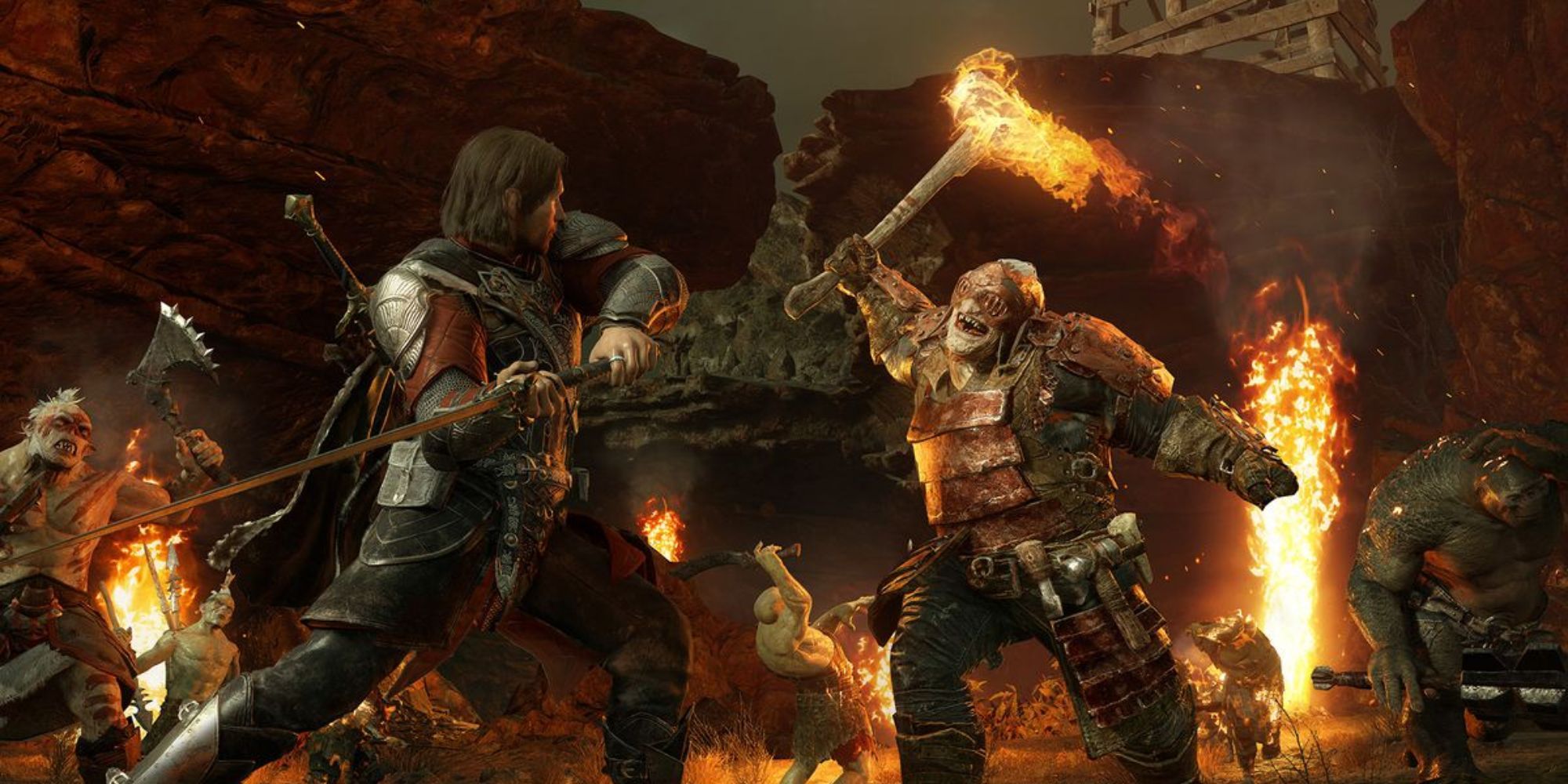 Talion battles an Orc with a flaming weapon while surrounded by other enemies
