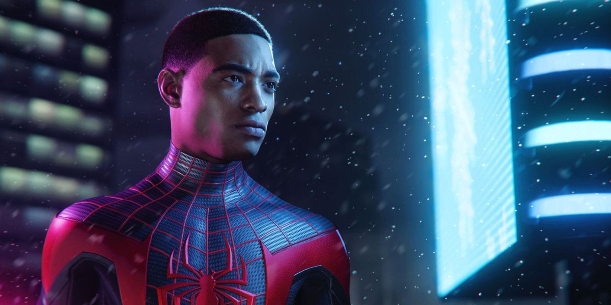 Miles Morales maskless in spider suit