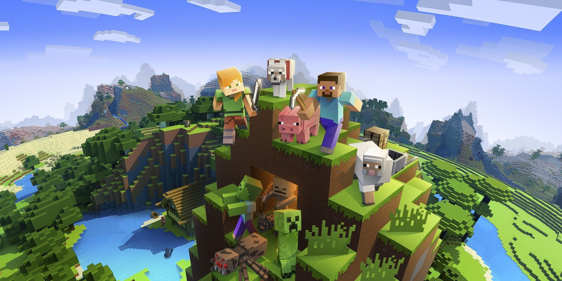 a promo picture for Minecraft showing the two base model of the protagonist on a mountain