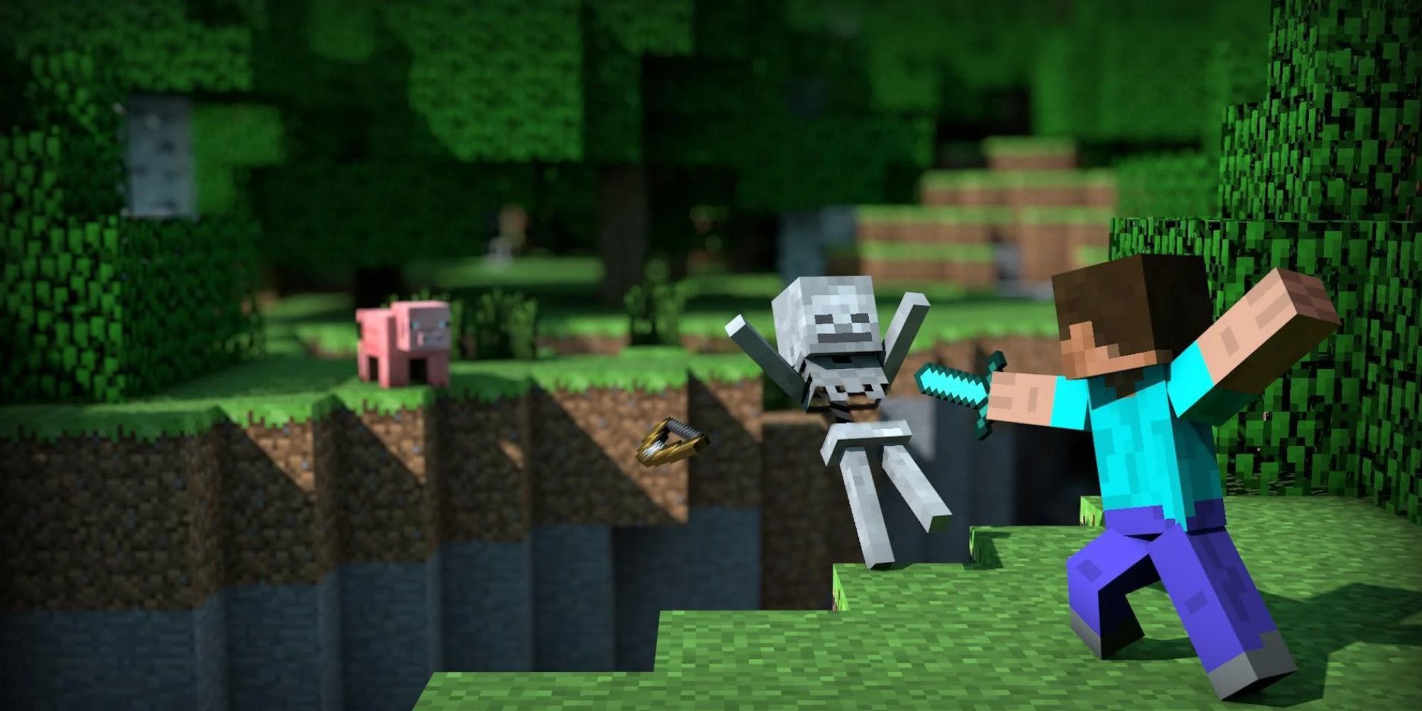 Minecraft Steve attacks a skeleton with a diamond sword