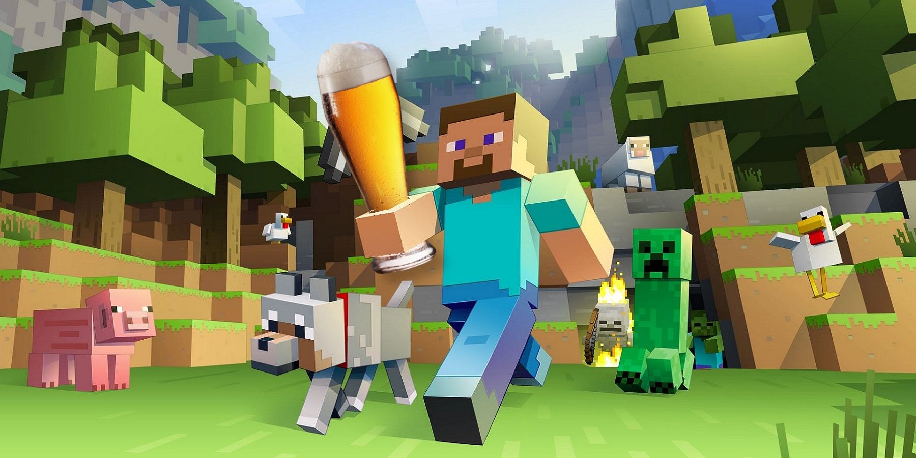 Image from Minecraft showing Steve holding a giant glass of beer.