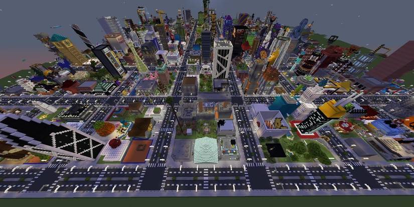 Minecraft dense City at night with skyscrapers