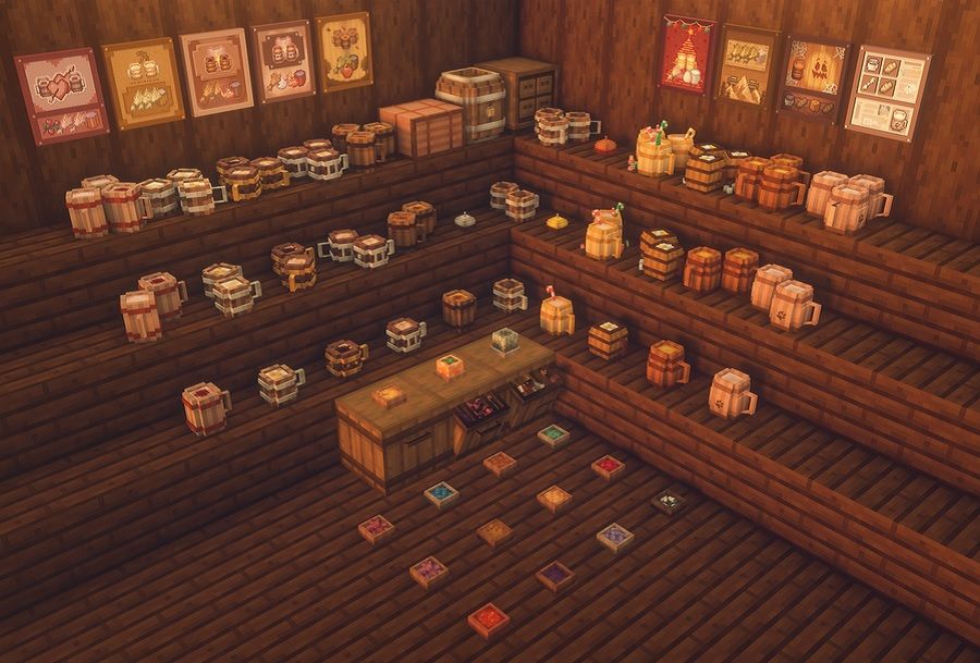 Image from Minecraft showing a series of beer brewing equipment, including kegs and mugs.