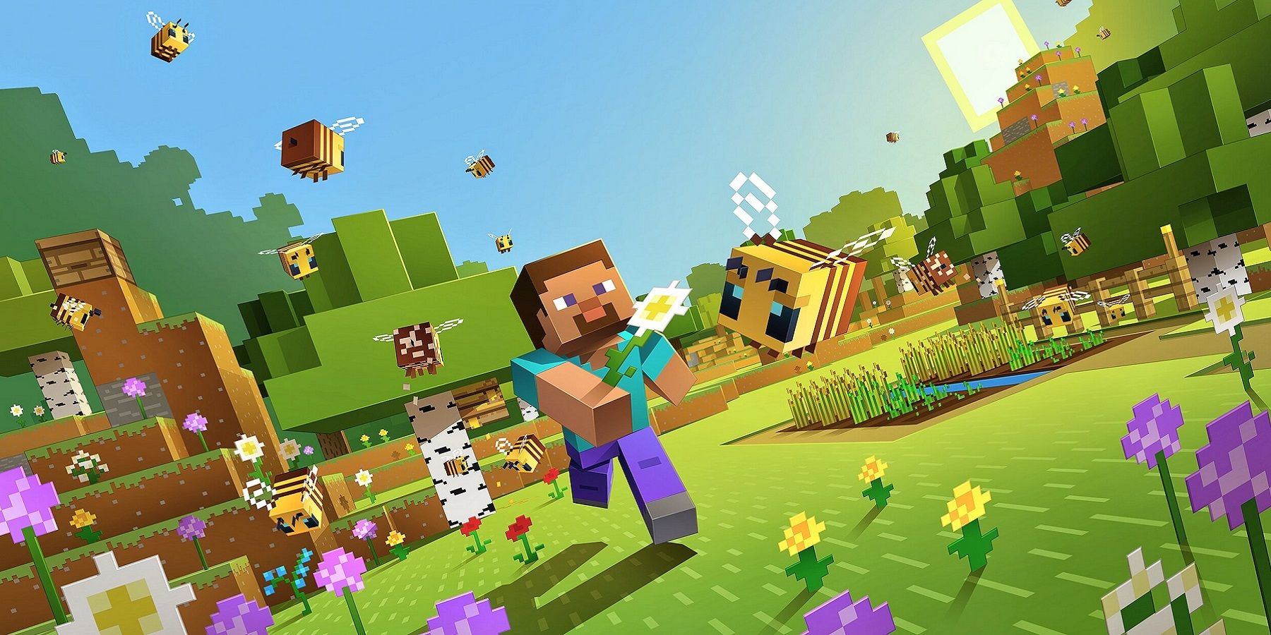 Image from Minecraft showing Steve running through a sunny bit of nature.