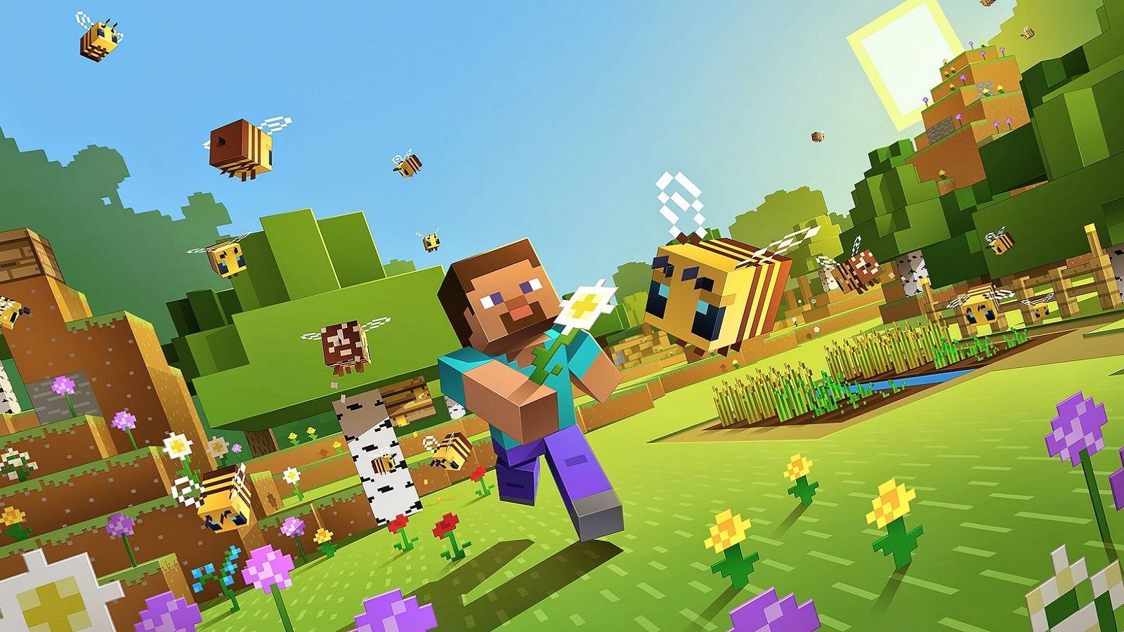 Image from Minecraft showing Steve running through a sunny bit of nature.