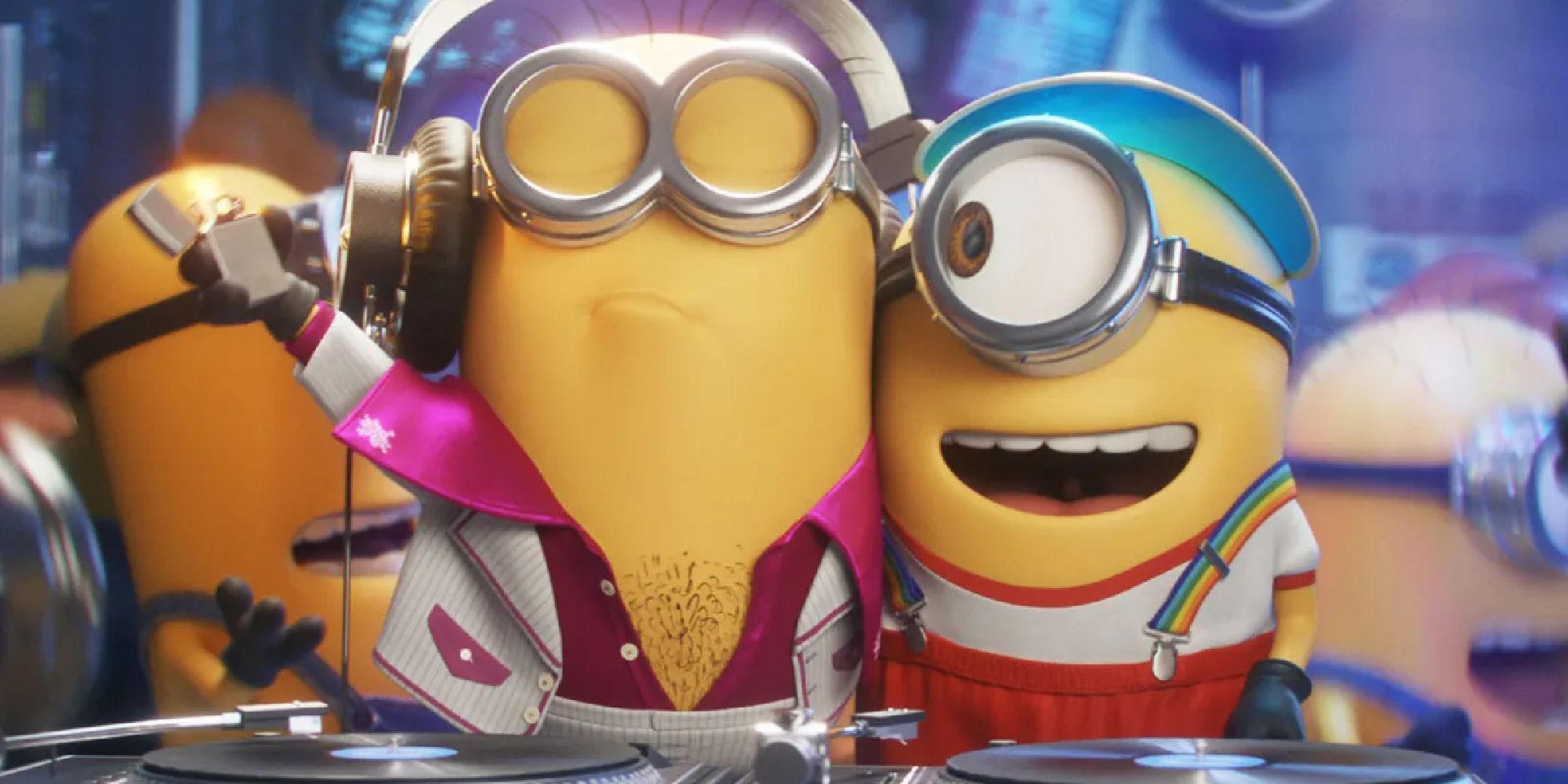 A Minion DJ with chest hair dances with a Minion in suspenders