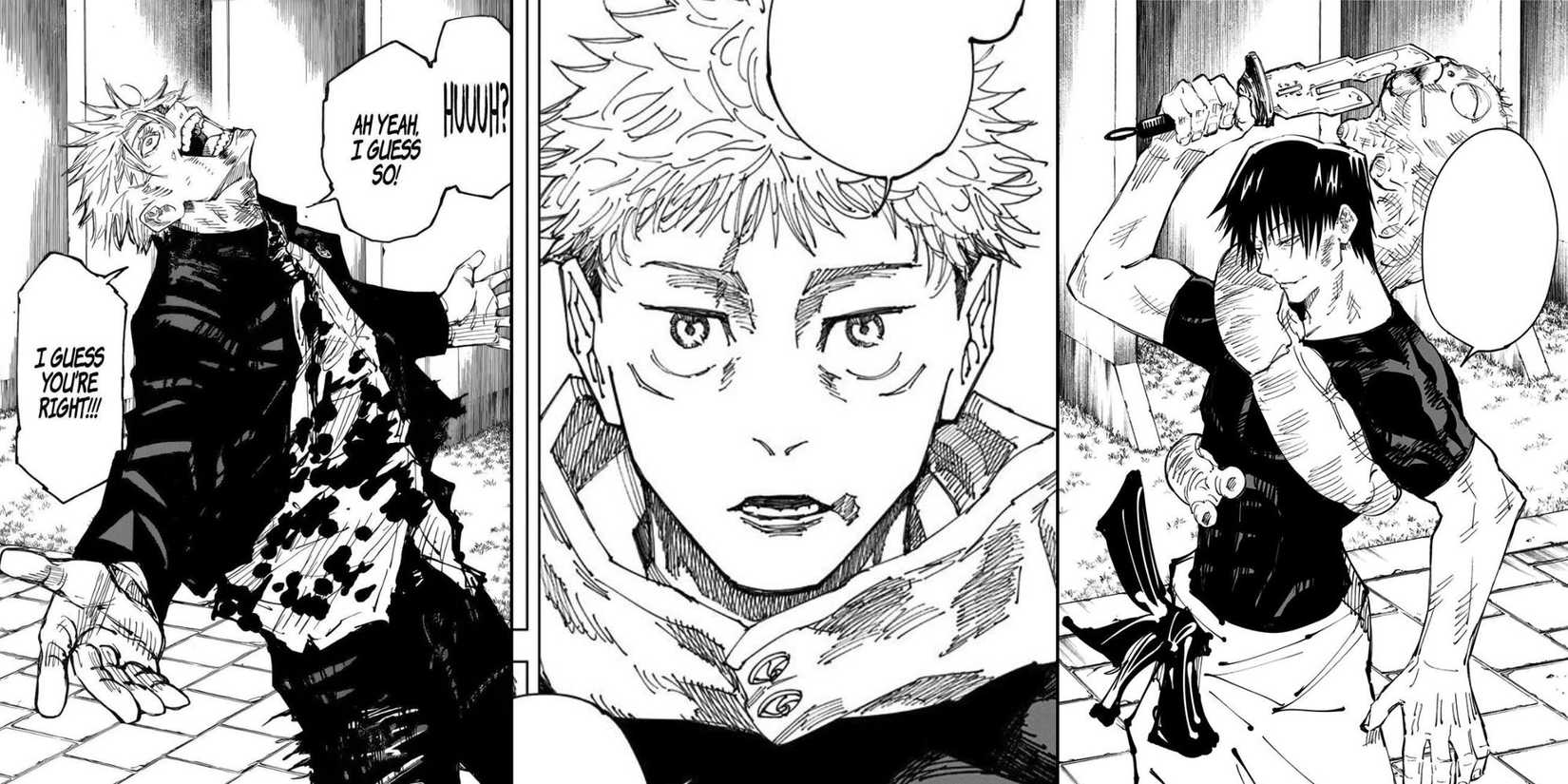 Split image of satoru gojo, yuji itadori and Toji zenin from the jujutsu kaisen manga