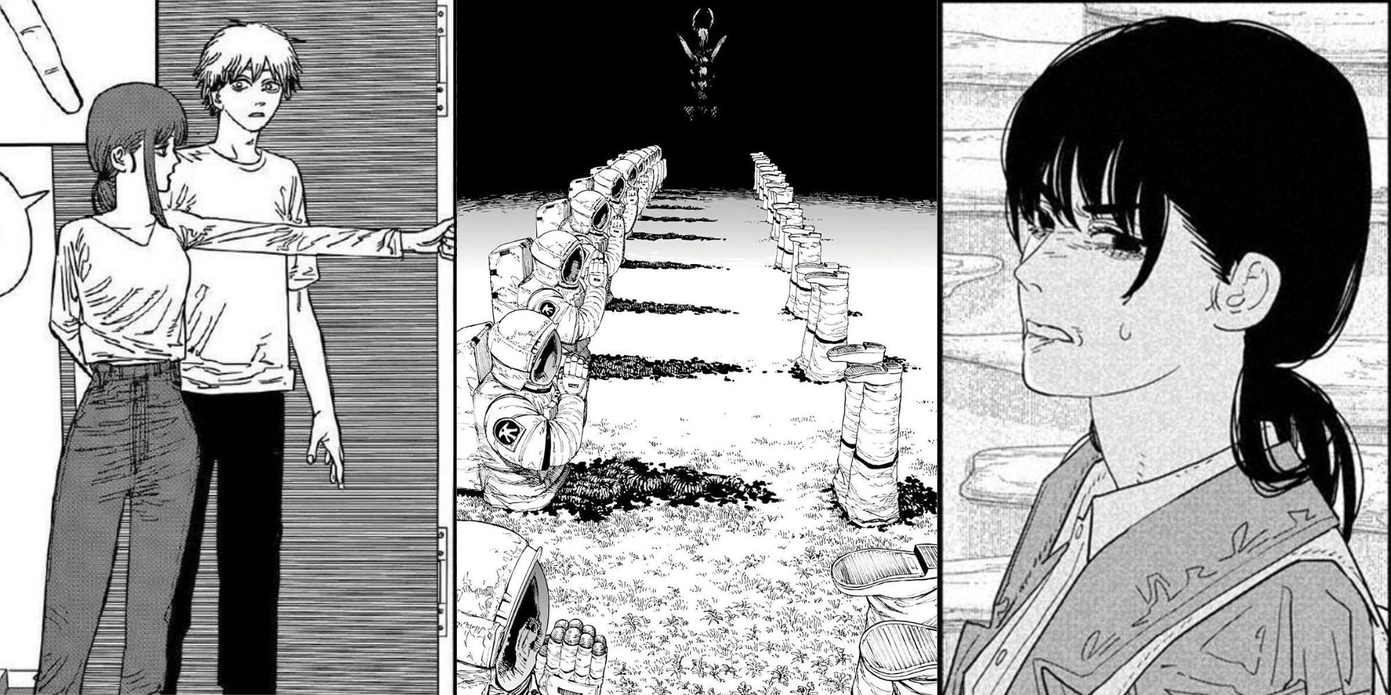 split image of makima shooting someone, the darkness devil appearing, and asa mitaka scowling from the chainsaw man manga
