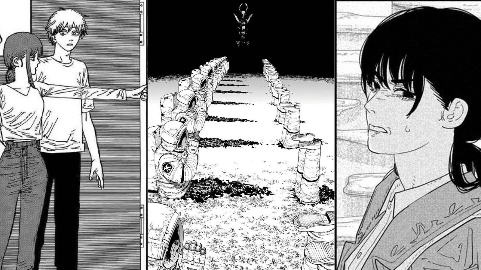 split image of makima shooting someone, the darkness devil appearing, and asa mitaka scowling from the chainsaw man manga