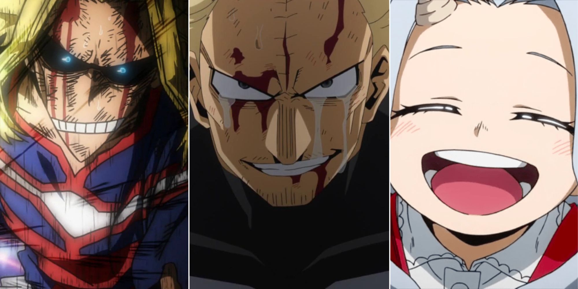 split image of all might, twice, and eri from my hero academia