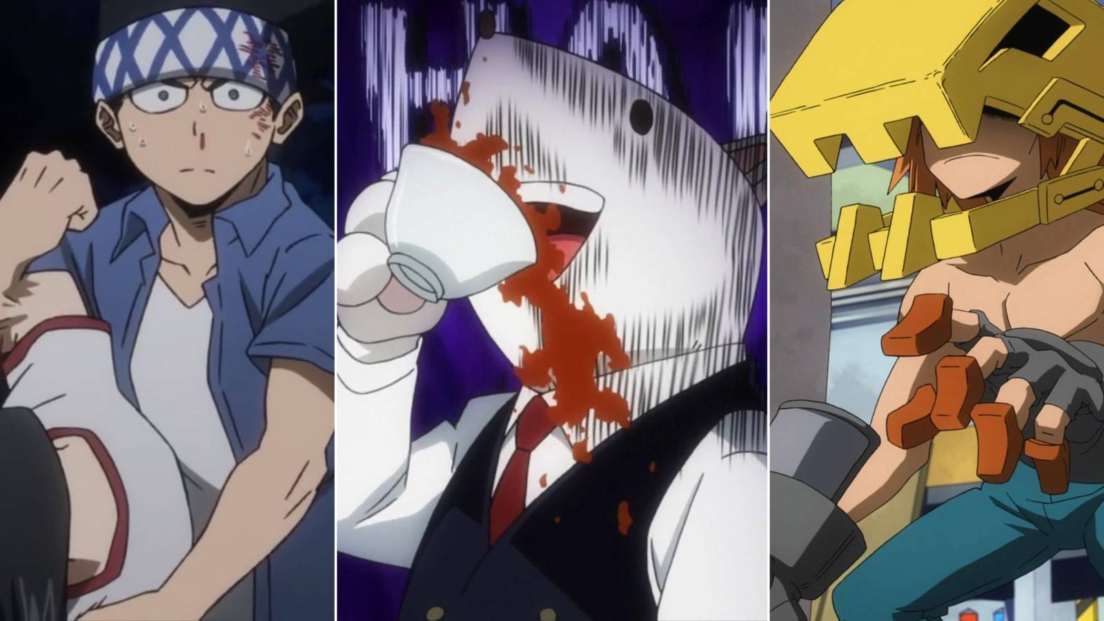 split image of yosetsu awase, nezu, and power loader from my hero academia