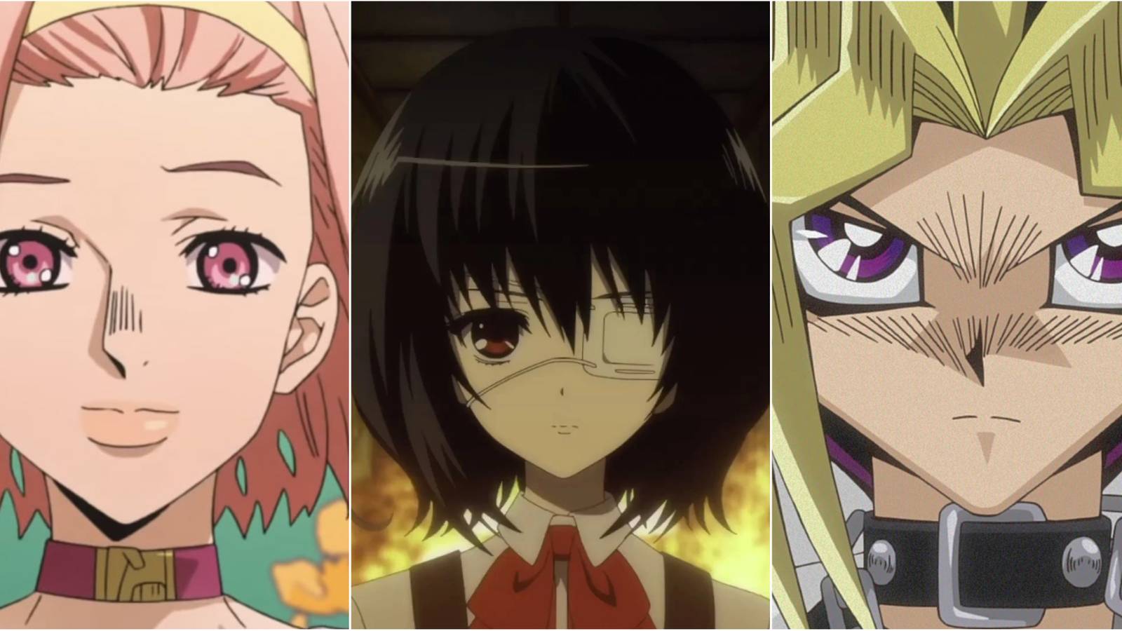 Three-way split grid of Reimi Sugimoto, Mei Misaki, and Yami Yugi
