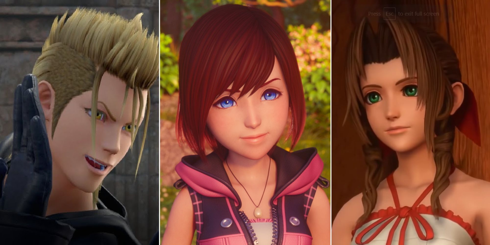 Split image of Demyx, Kairi and Aerith from Kingdom hearts 3