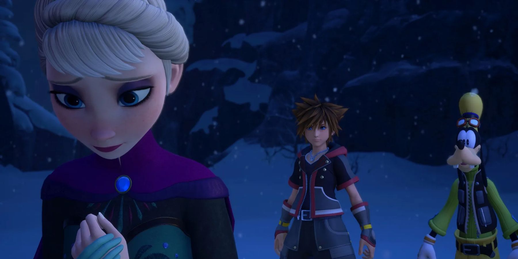 Elsa, Sora, and Goofy in Kingdom Hearts 3