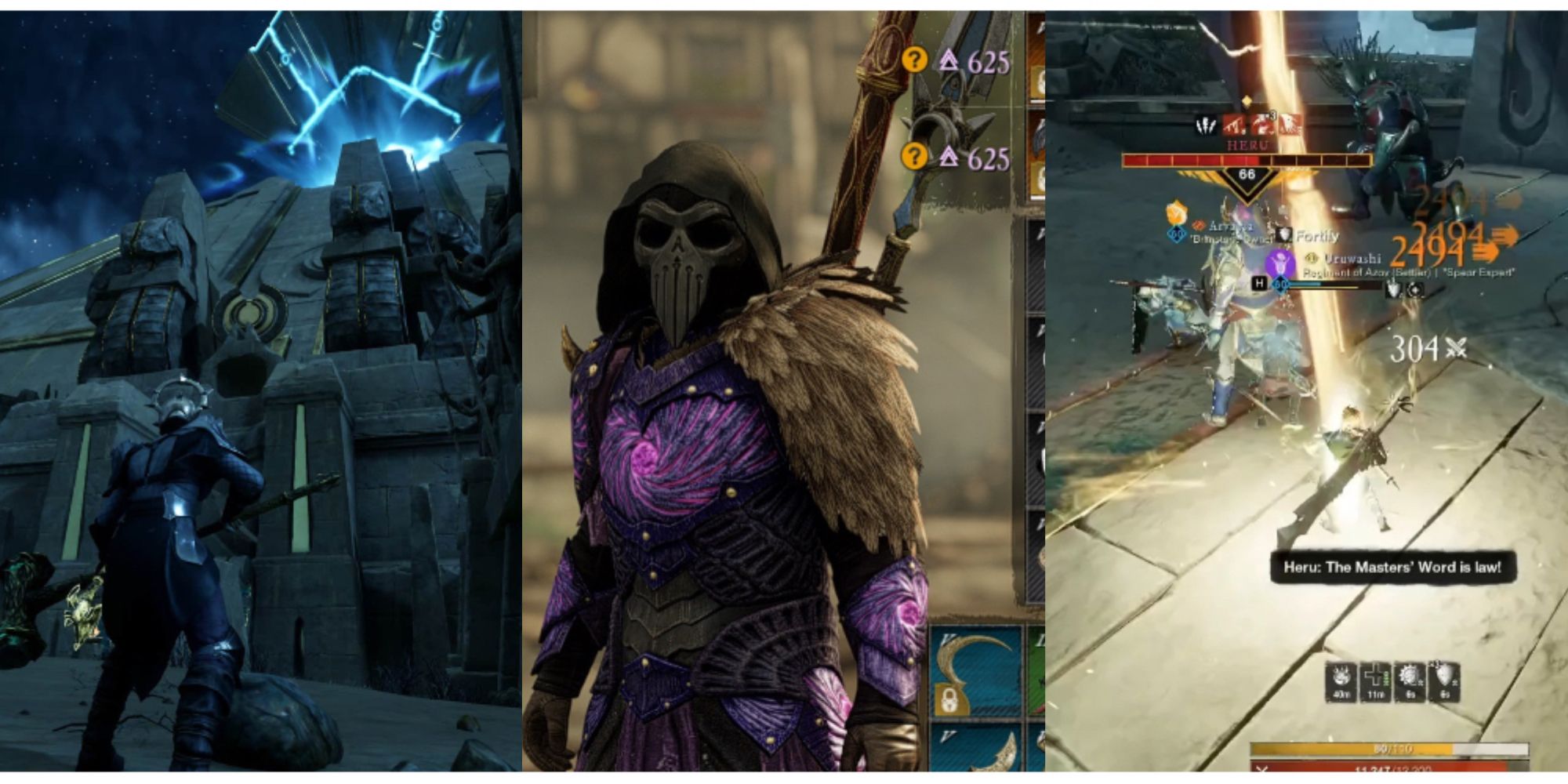 split image of entrance to Great Akhet Pyramid, Corrupted ward armor, and a battle with Heru in New World