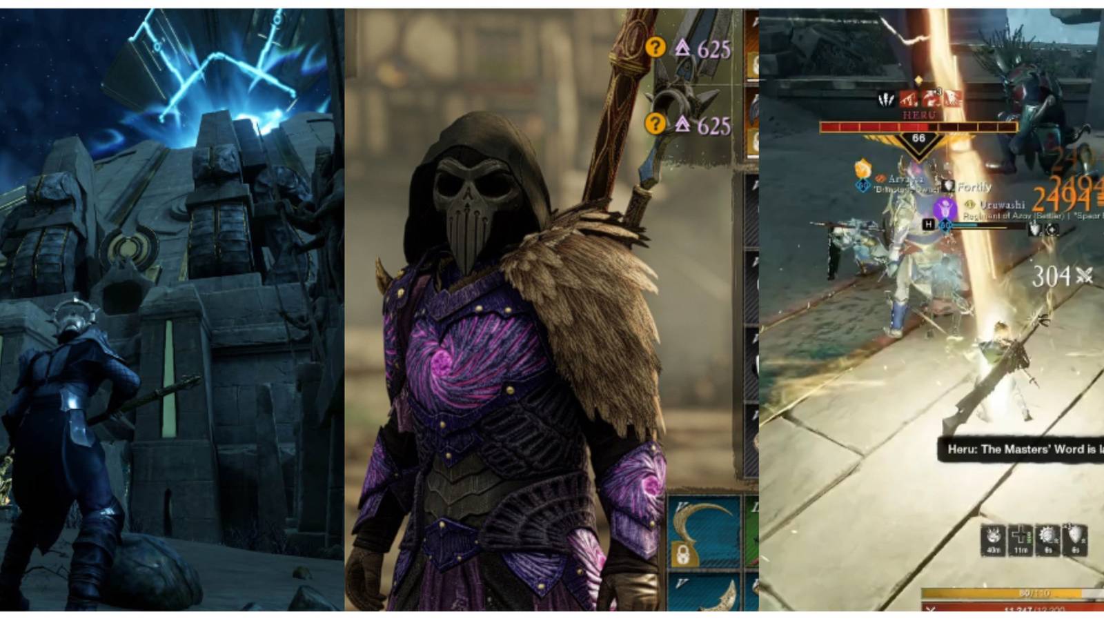 split image of entrance to Great Akhet Pyramid, Corrupted ward armor, and a battle with Heru in New World