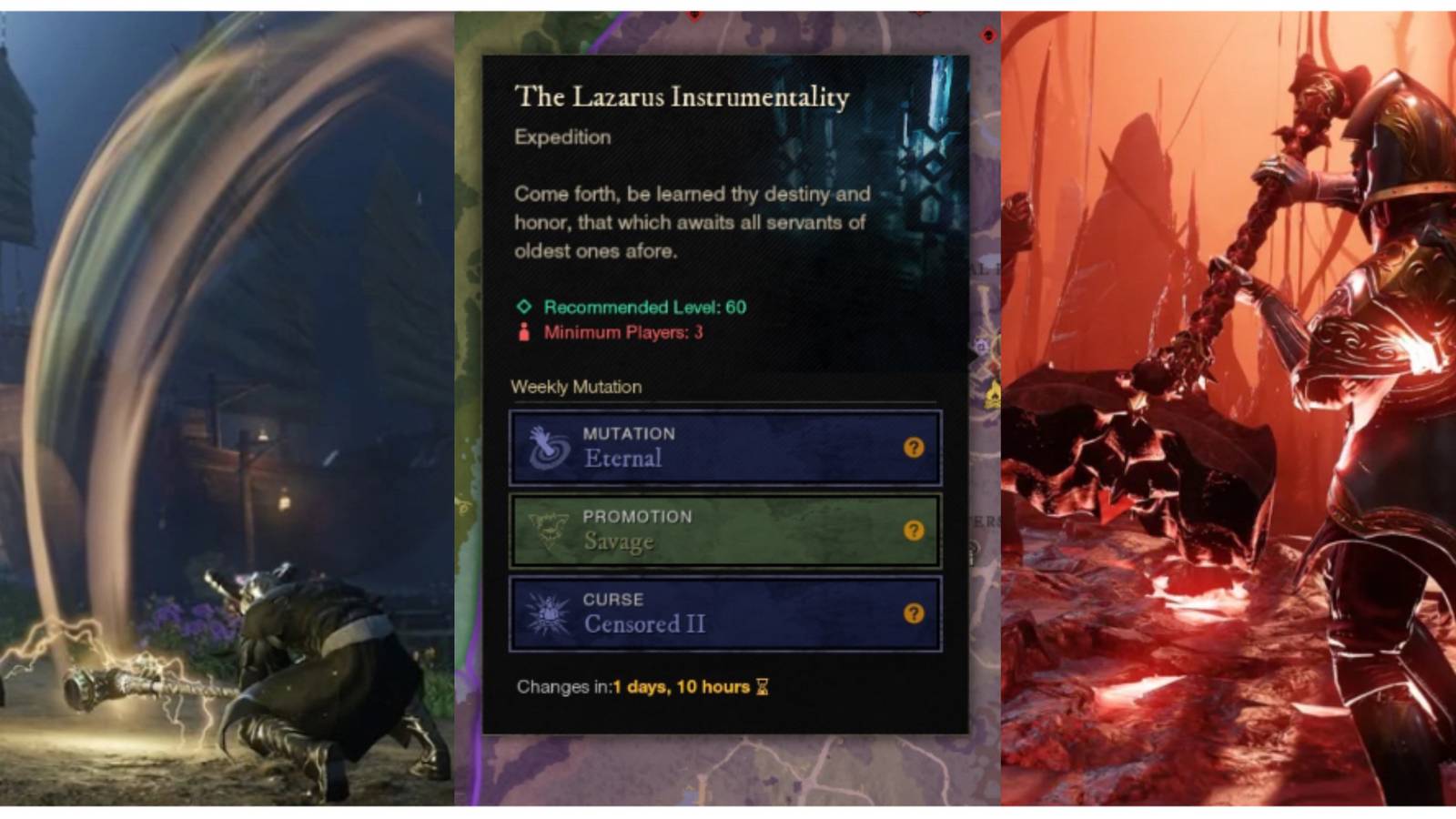 split image of a battle, a Mutated Expedition information panel, and another battle in New World