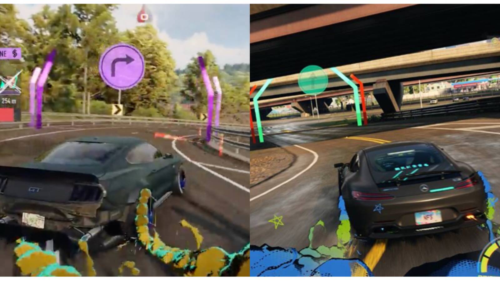 split image of two cars in Need For Speed Unbound