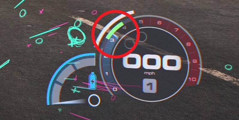 a view of the speedometer reading when a perfect start is set up