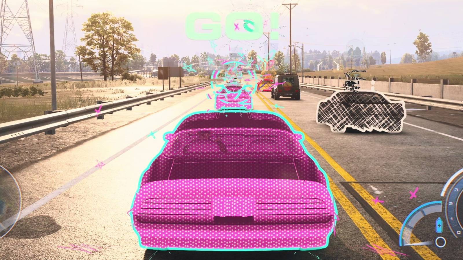 a car gone polka dotted after getting a perfect start