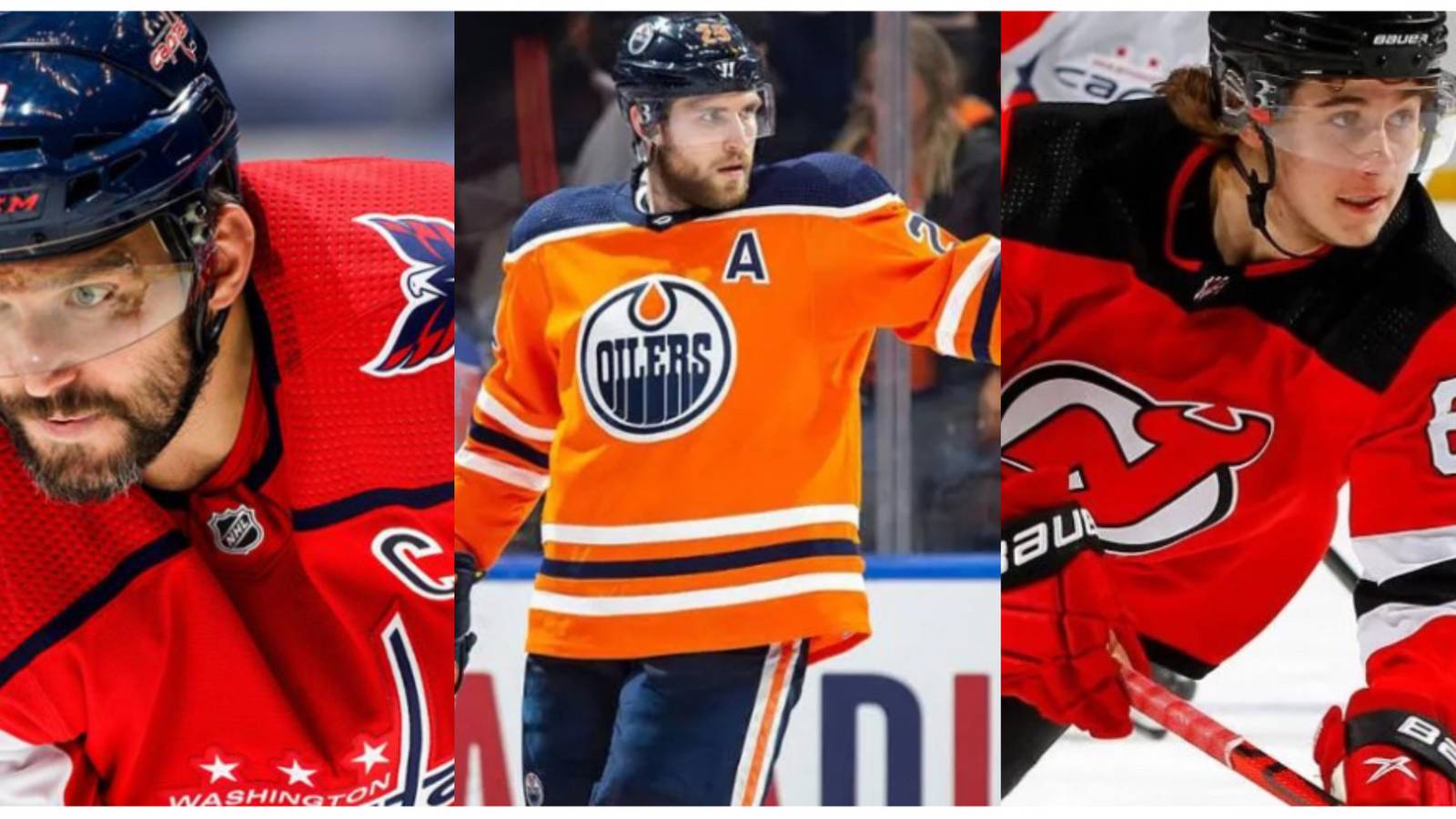 split image of Alex Ovechkin, Leon Draisaitl, and Jack Hughes