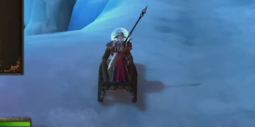 Night Elf rides the sled toy in World of Warcraft Dragonflight