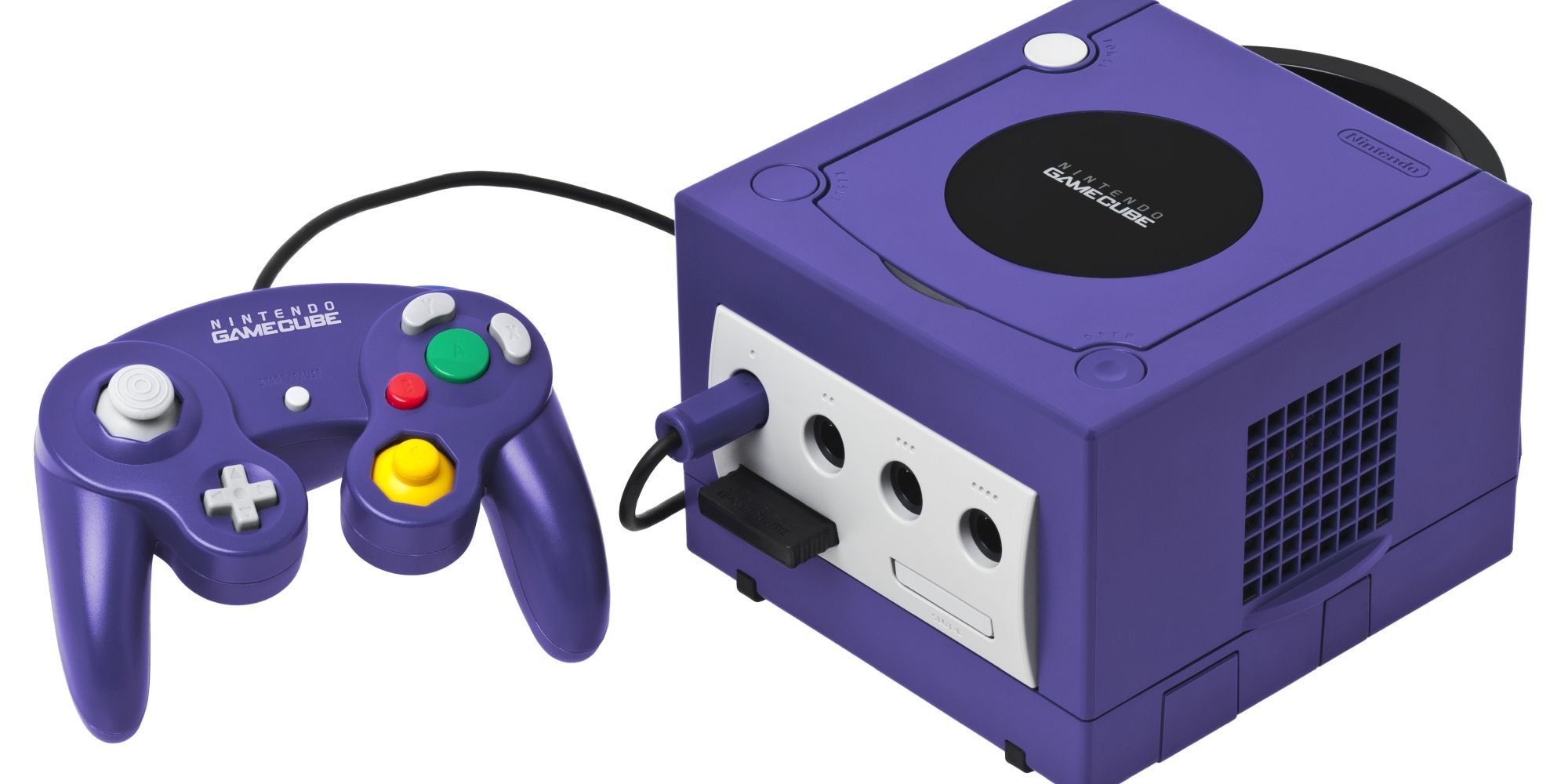 A Nintendo GameCube with controller and memory card attached