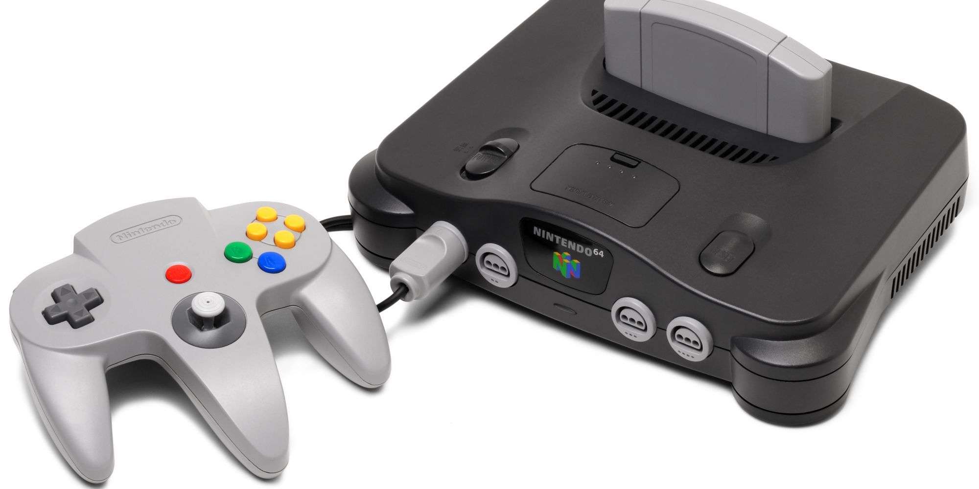 A Nintendo 64 with a controller attached and a blank cartridge inserted