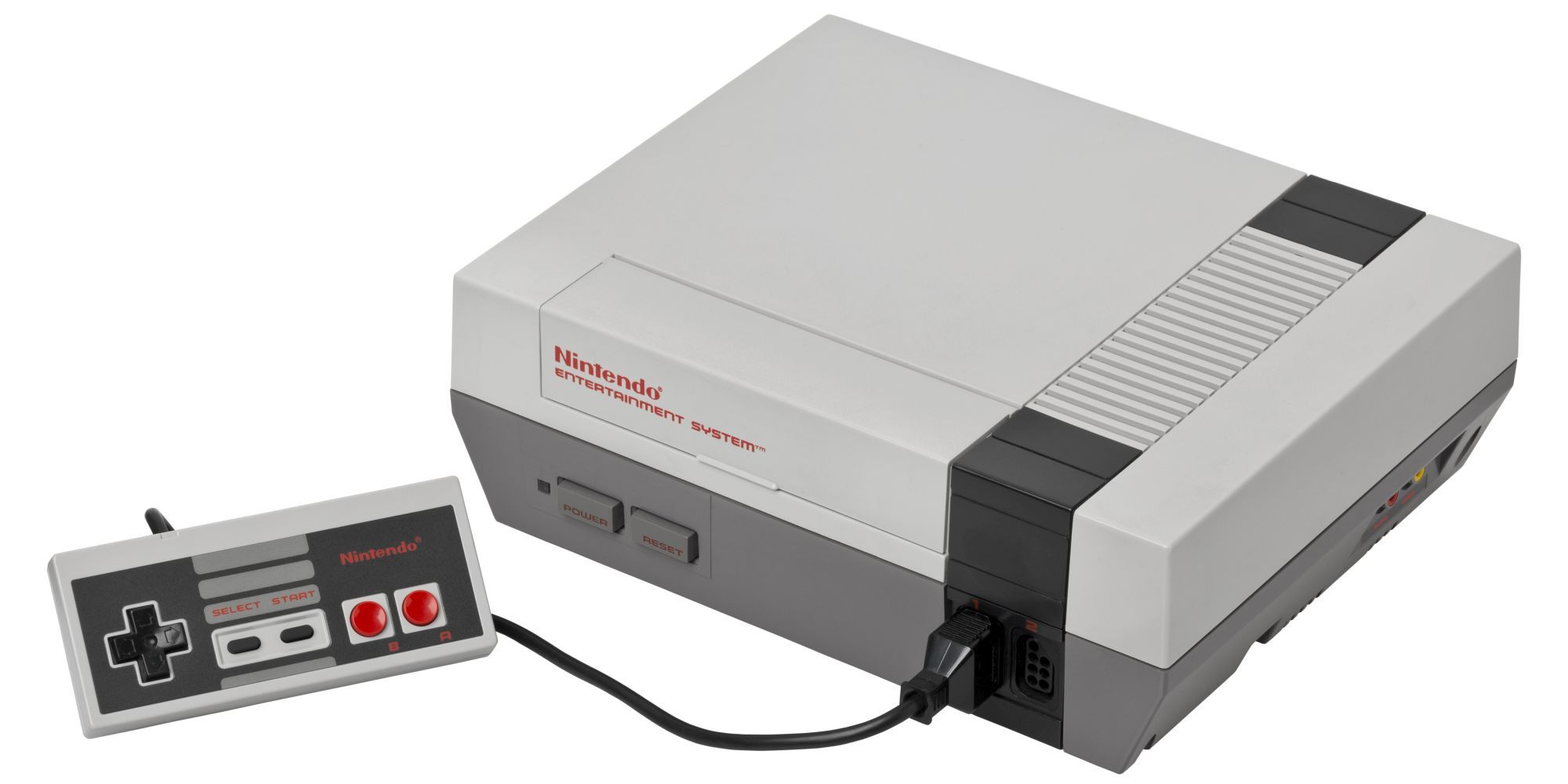 A Nintendo Entertainment System with controller attached