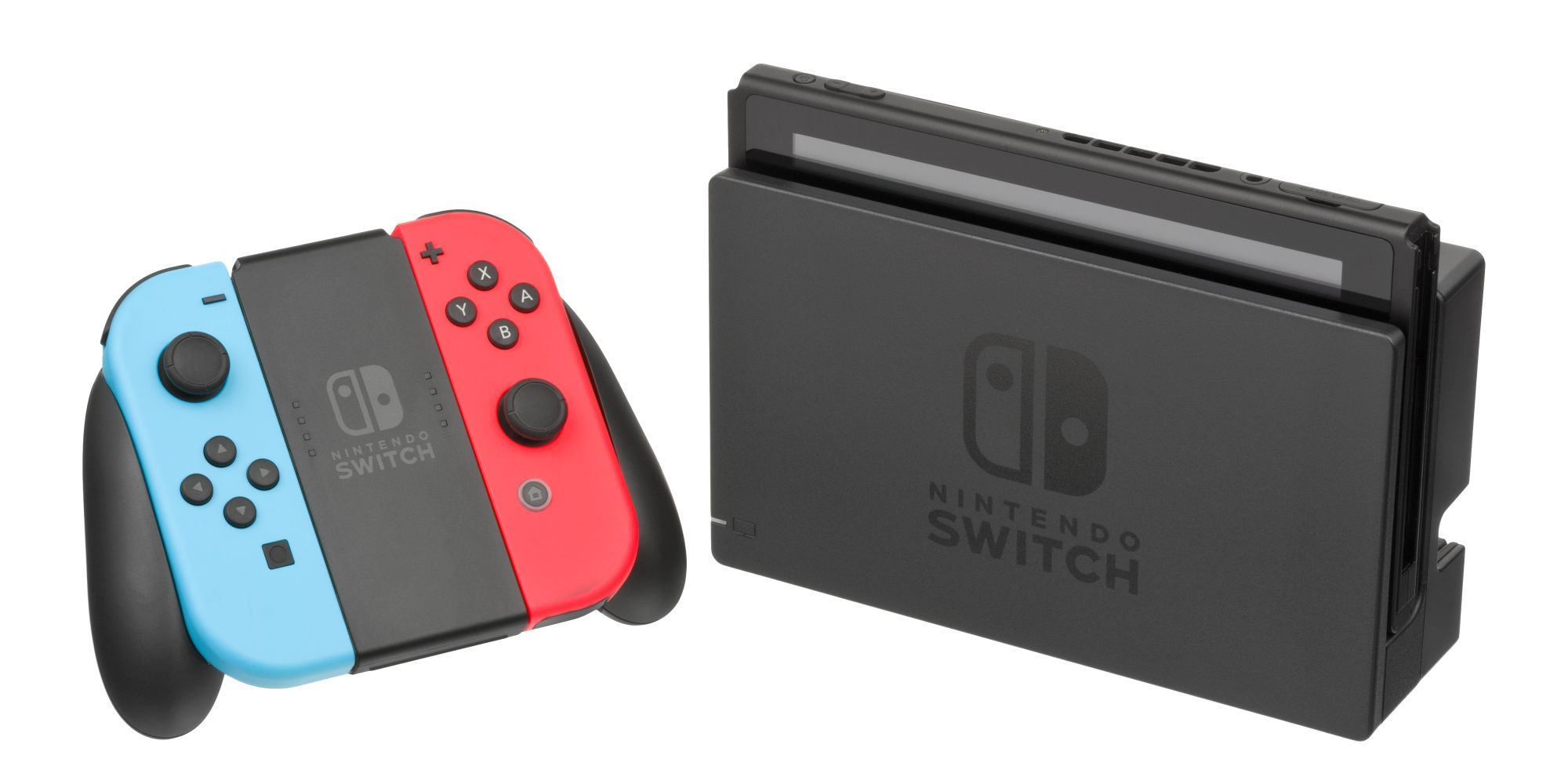 A docked Nintendo Switch with the Joycons in the controller dock