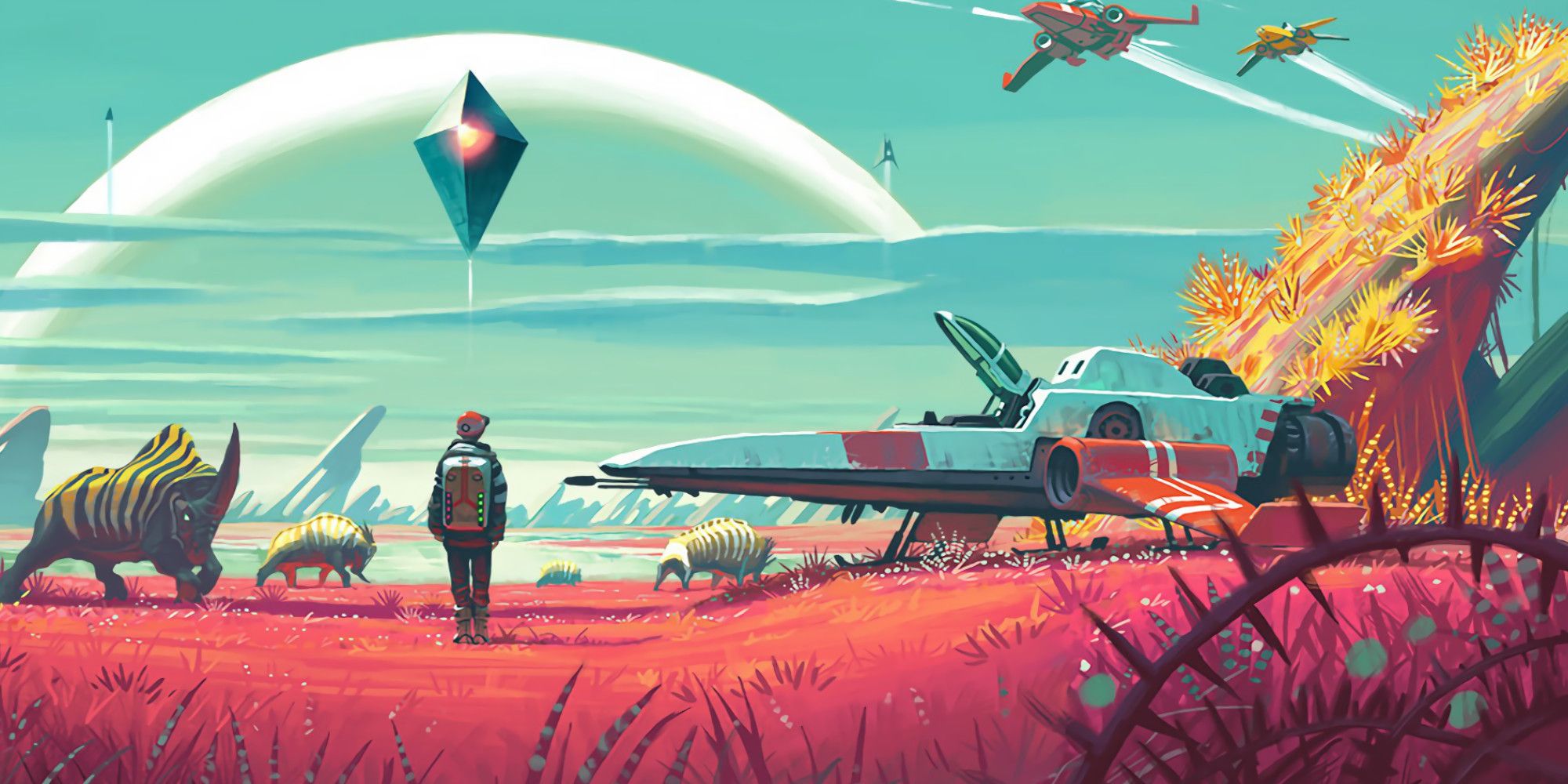 no man's sky space landscape with a ship