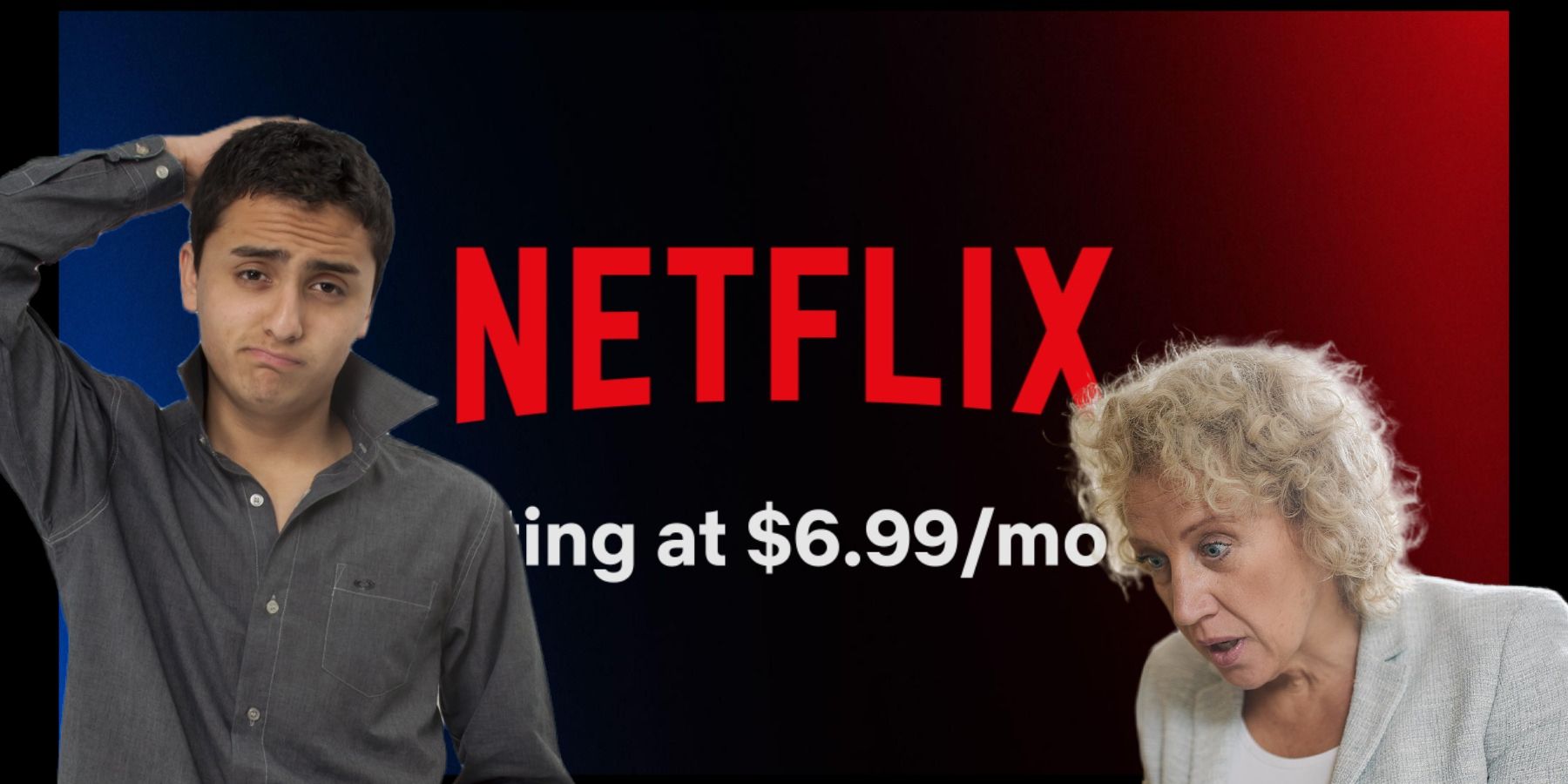 Netflix with ads banner with confused man and blonde woman cutouts