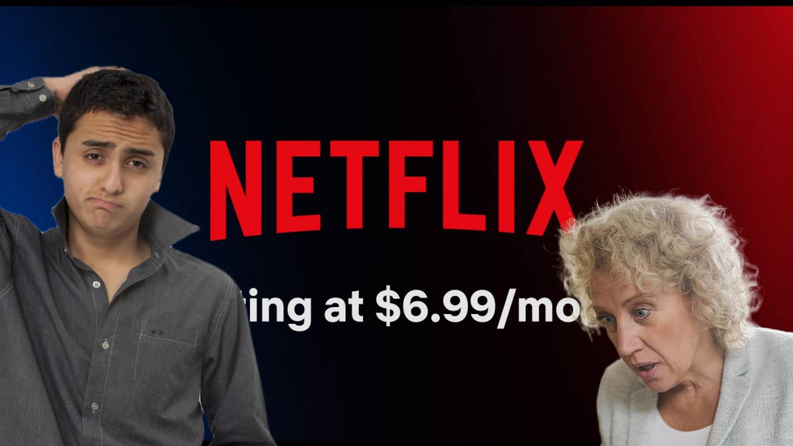 Netflix with ads banner with confused man and blonde woman cutouts
