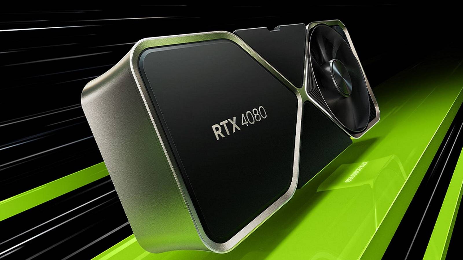 Rendered image of an Nvidia RTX 4080 graphics card on a black and green background.