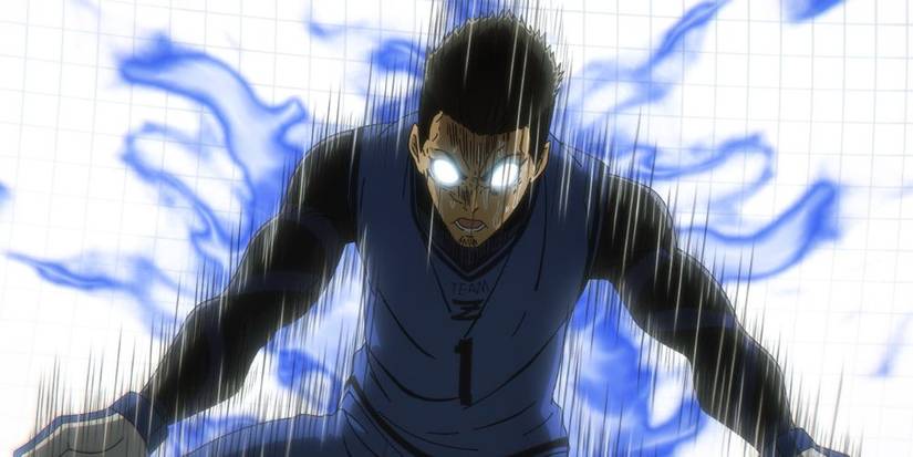 Okuhito Lemon in Blue Lock, using all his might to stop a goal in Blue Lock