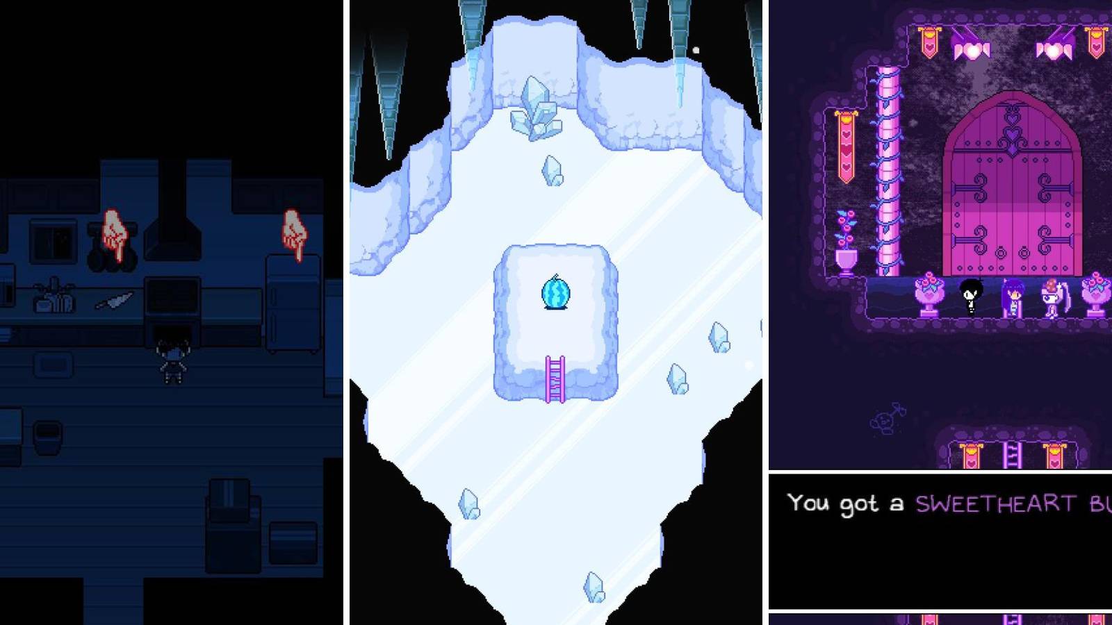 A grid showing the location of three different weapons in Omori