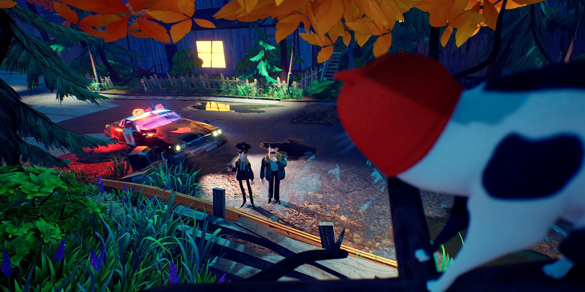 a promo image for Hello Neighbor 2 depicting 2 policemen as seen from above