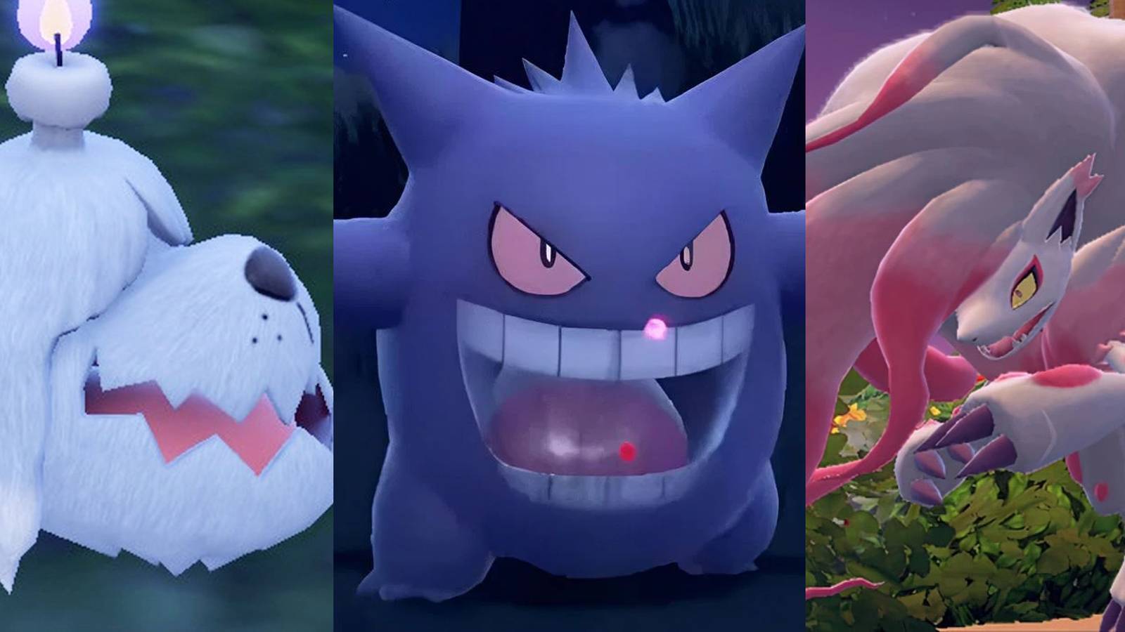Greavard lying on the ground; a Gengar mid-battle; Hisuian Zoroark running